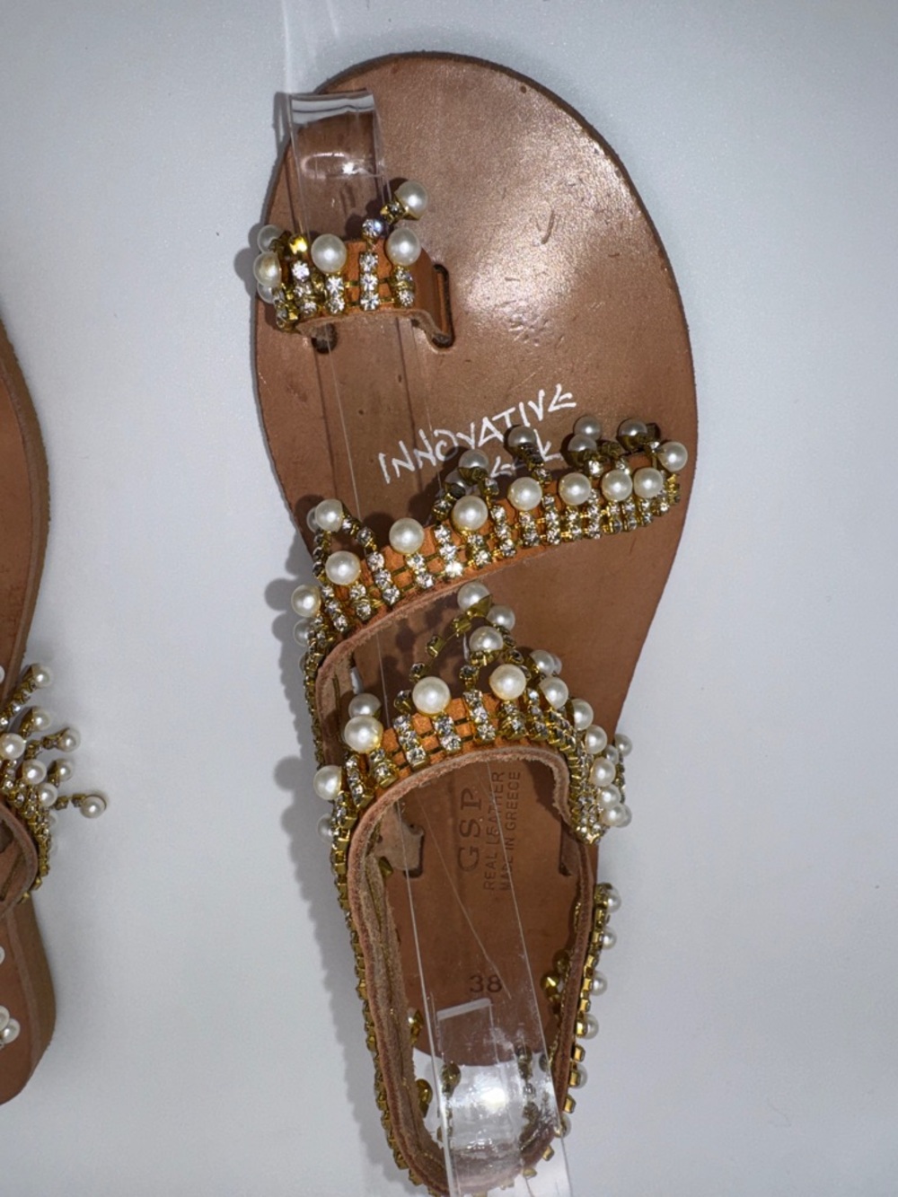 Innovative Greek Sandals GSP Real Leather Pearl Rhinestone Gold Flat Sandal - Picture 11 of 16